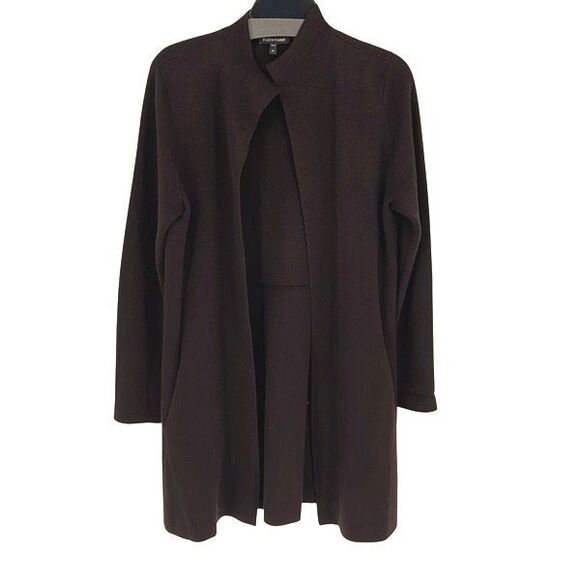 Eileen Fisher Womens Long Textured Silk Cotton Knit Cardigan Chocolate Medium - Picture 1 of 9